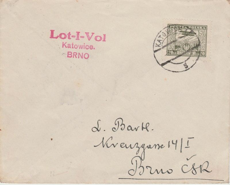 POLOGNE / POLAND 1929 (Jan 8) RARE 1st Air Mail Flight Cover KATOWICE-BRNO