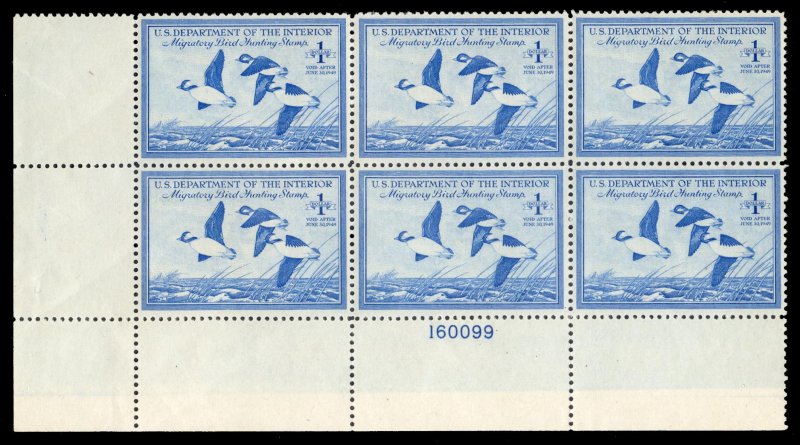 RW15 cat. $400 1948 $1 bright blue, plate block of six, never hinged, gum skips