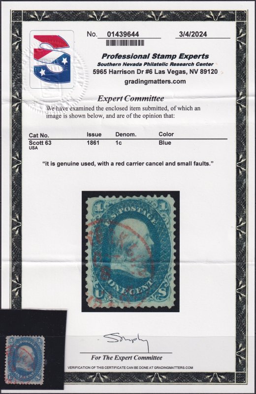 #63 Used, F-VF, PSE cert #01439644, Red  cancel, small sealed tear, nibbed pe...