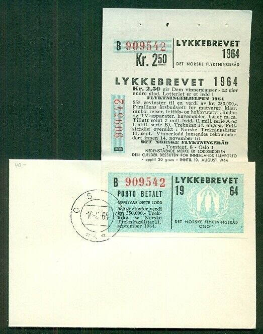 NORWAY 1964 Lottery Stamp - all 3 sections, valid for postage for just 2 months