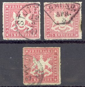 Germany Wurttemberg Sc# 42 Used Lot/3 1865-1868 3kr Coat of Arms