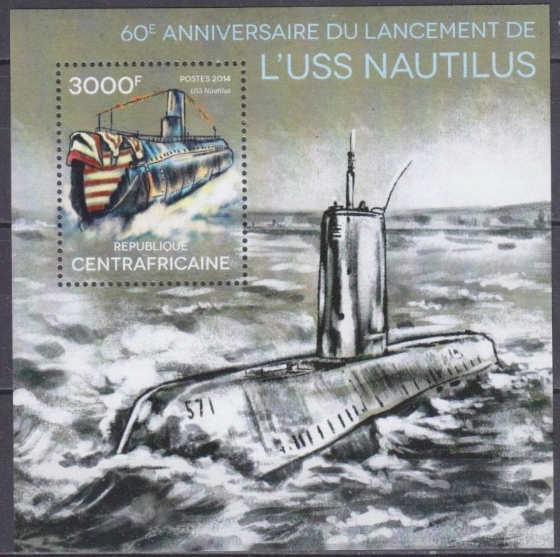 2014 Central African Republic 4849/B1182 60 years of the Nautilus submarine 14,0