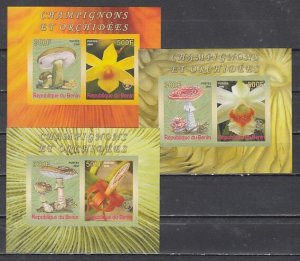 Benin, 2008 issue. Mushrooms and Orchids on 3 IMPERF sheets of 2. ^