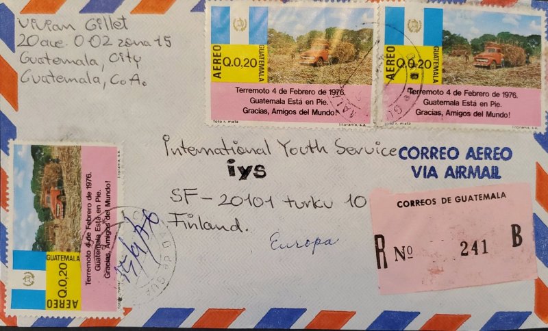 A) 1976, GUATEMALA, CIRCULET COVER TO FINLAND, AIRMAIL, REGISTERED, EARTHQUAKE O