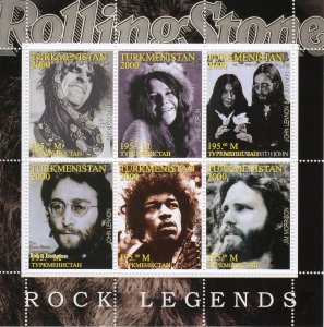 Turkmenistan 2000 Rock Legends LENNON-JOPLIN-HENDRIX-MORRISON Shlt(6) Perforated