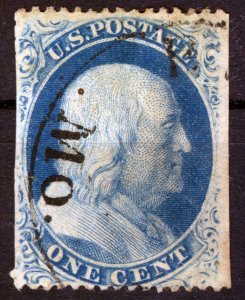 US stamp, 1857, Cert PF #578356, Sc # 24, Franklin 1c blue, USED, NG