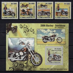 S. TOME E PRINCIPE 2008 - Harley-Davidson motorcycle / complete set + sheet MNH