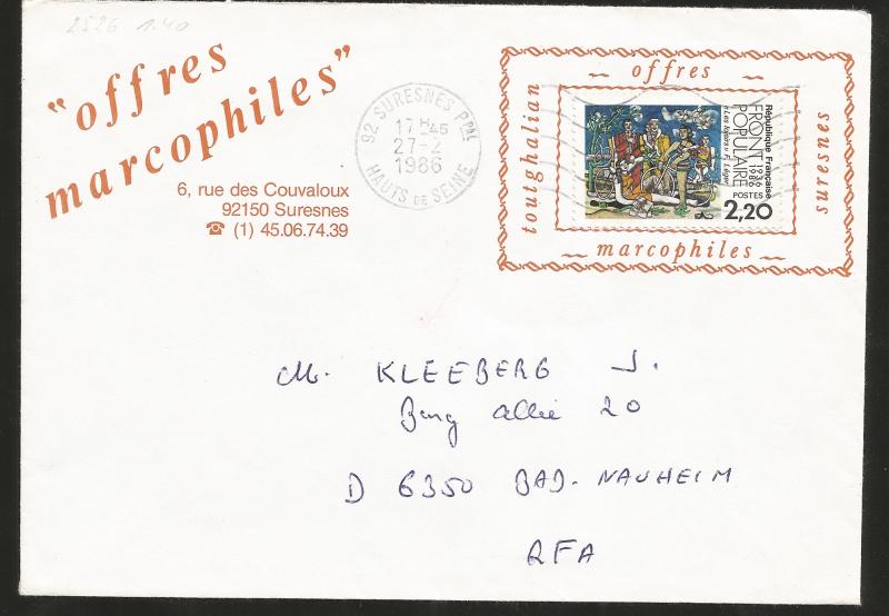 J) 1986 FRANCE, POPULAR FRONT 50 ANNIVERSARY 1936, BICYCLE, MACROPHILE OFFERS, C