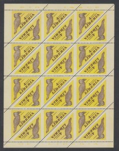 Liberia Sc 343 MNH. 1953 4c Pepper Bird, intact sheet of 24, imperf vertically