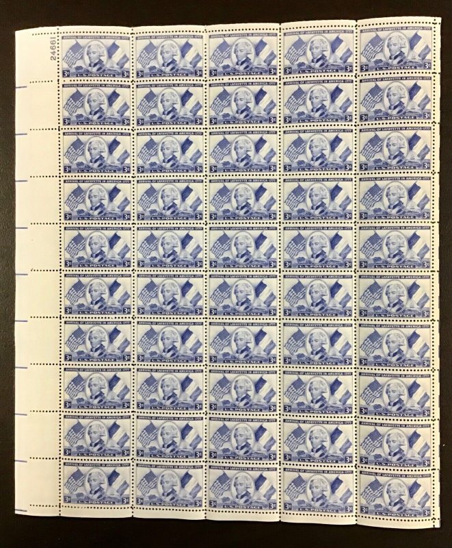 1010 Marquis de Lafayette MNH 3 c stamp Sheet of 50  FV $1.50  1952