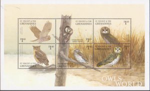 ST. VINCENT GRENADINES - 2001 OWLS OF THE WORLD / BIRDS 6-STAMPS & 3-MIN/SHT MNH