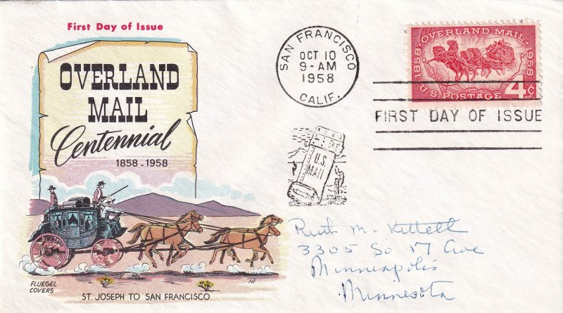 1958, Centennial Overland Mail, Fluegel Cover, FDC (E13555)