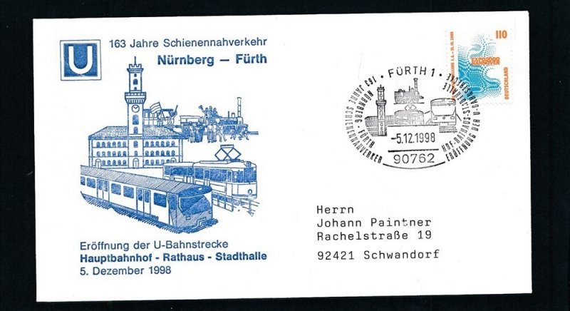 D456084 Germany Railroad Cover 163 Years Local Railway Transport Nurnberg-Furth