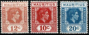 MAURITIUS 1938-49 KG VI 3c-20c (6 STAMPS) PART SET SG252-55-56-58 Wmk.MSCA VGC