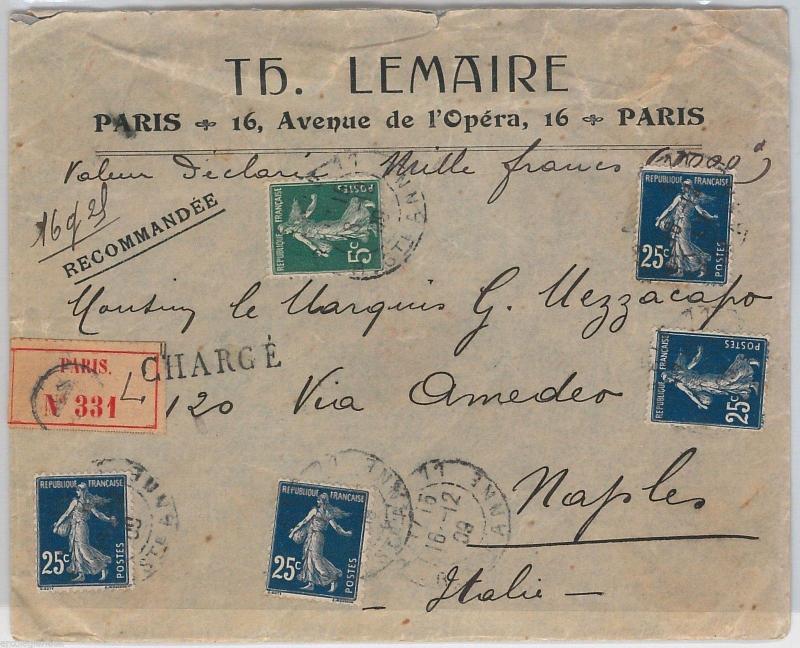 FRANCE -  POSTAL HISTORY - REGISTERED COVER  to ITALY 1909