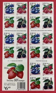 3294-3297 d FRUIT BERRIES Pane of 20 US 33¢ Stamps MNH 1999 B1111