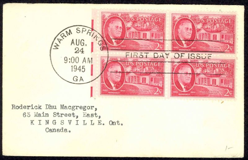 USA Sc# 931 FDC Block/4 (d) (Warm Springs, GA) 1945 8.24 Franklin D. Roosevelt