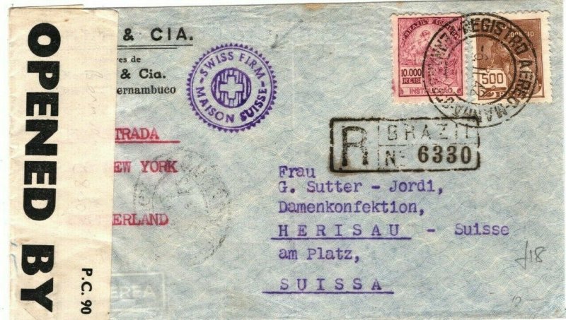 BRAZIL WW2 Cover Permanbuco Intercepted BERMUDA CENSOR Switzerland 1942 LS204