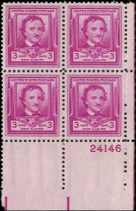 Scott # 986 1949 3c brt pur  Edgar  Allan Poe   Plate Block - Lower Right - M...