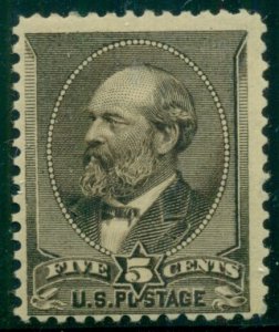 US #205 5¢ brown, fresh og, LH, F/VF, Scott $240.00