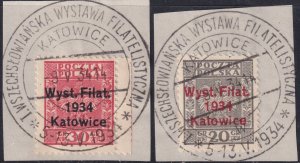 Sc# 280 / 281 on piece Poland 1934 Katowice  Philatelic Expo cancel CV $85.00