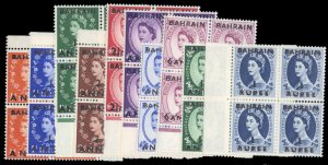 Bahrain #81-90 Cat$112.80, 1952-54 QEII, complete set in blocks of four, neve...