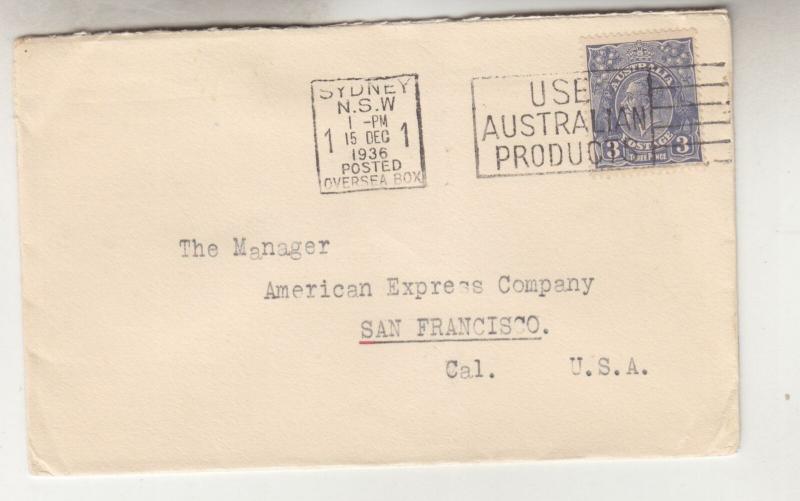 AUSTRALIA,1936 Bank NSW cover, KGV 3d. Blue,SYDNEY OVERSEAS BOX machine to USA