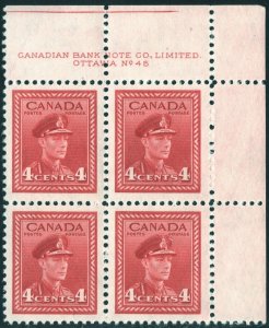 Canada SC#254 4¢ King George VI: Military Uniform Plate Block UR #45 (1943) MNH