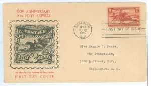 US 894 1940 3c Pony express/80th anniversary (single)on an addressed (typed) FDC with a Sacramento,CA cancel and a Fidelity cach