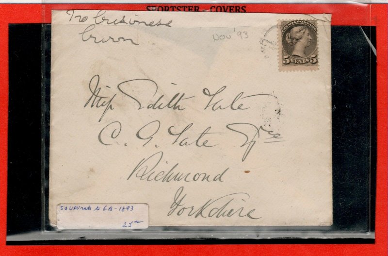 5c UPU rate to GB 1893 with receivers and transit marks Small Queen cover Canada