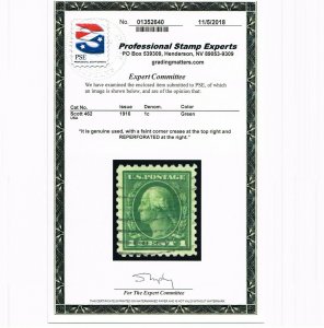 EXCELLENT GENUINE SCOTT #462 F-VF USED 1916 GREEN 1¢ WASHINGTON PSE CERT #17547