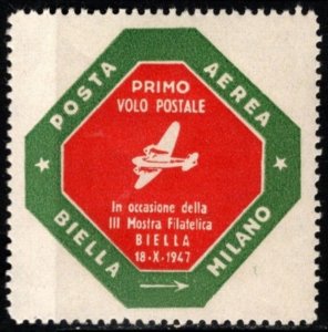1947 Italy Poster Stamp 3rd Philatelic Expo First Flight Label Biella-Milan