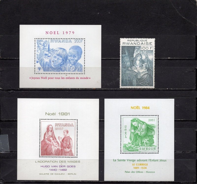 RWANDA 1971-1984 CHRISTMAS PAINTINGS SET OF 1 STAMP & 3 S/S MNH