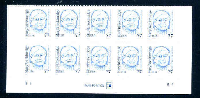 US Plate Blocks Stamp Scott# 2942 Mary Breckinridge 1998  MNH Block of 10, 2 #'s 