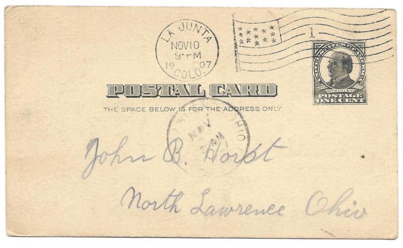 La Junta, Colorado to N. Lawrence, Ohio 1907 Scott UX19 Postal down with fever