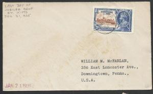 ST KITTS NEVIS 1936 (Jan 2) cover Jubilee 2½d last day of issue............51463