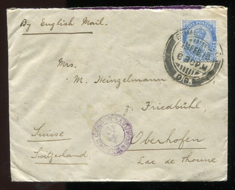 p807 - INDIA Bombay 1912 CENSORED Cover to SWITZERLAND.