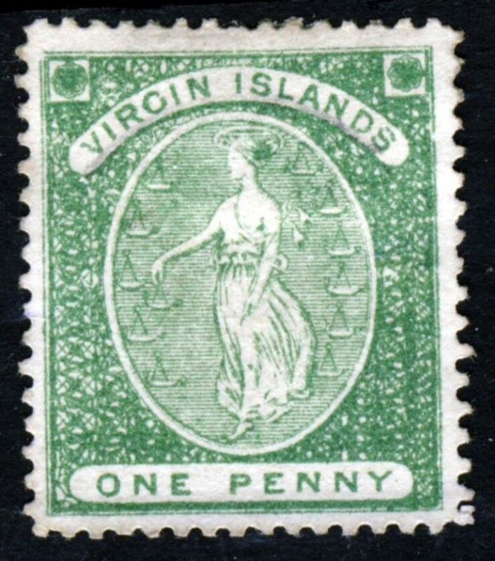 VIRGIN ISLANDS Queen Victoria 1868 1d. Green White Paper Perf. 15 SG 8 MNG