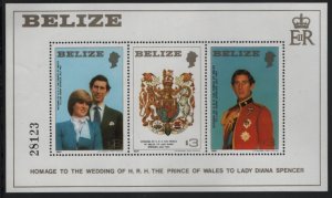 Belize 1981 unused Sc 554 Prince Charles, Diana Royal Wedding Sheet of 3