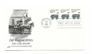 2130 10.1c Oil Wagon 1890s Transportation series ArtCraft Plt #1 strip of 3 FDC