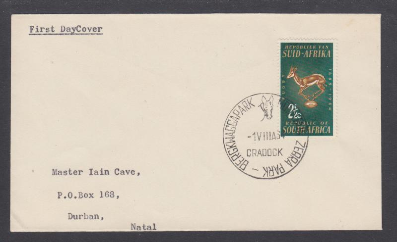 South Africa Sc 301 2½c Rugby Emblem on 1964 cover,  MOUNTAIN ZEBRA PARK cancel