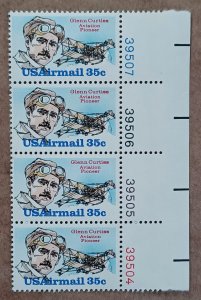 United States #C100 35c Glenn Curtis MNH strip of 4 with four plate #s (1983)