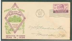 US 782 1936 3c Arkansas Statehood Centennial single on an addressed, label, FDC with an Unknown Cachet