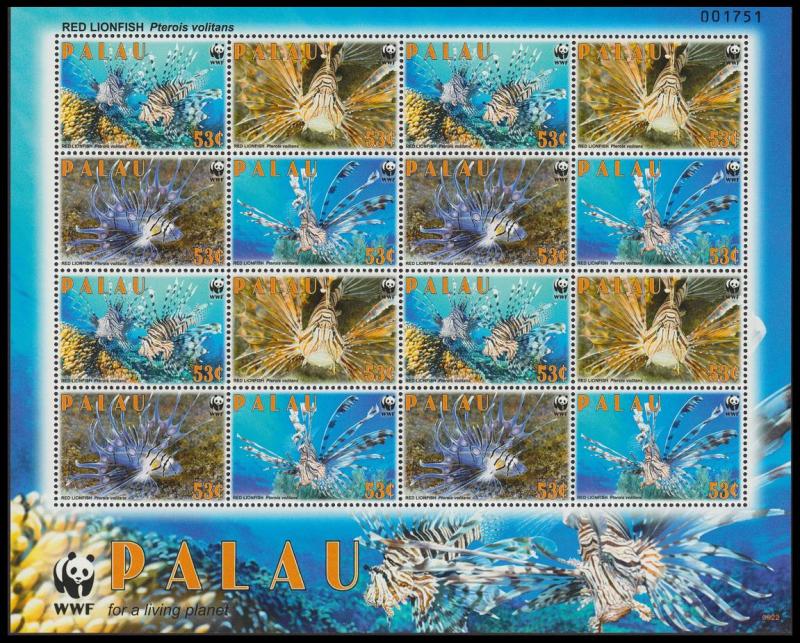 Palau WWF Red Lionfish Sheetlet of 4 sets MI#2902-2905 SC#992