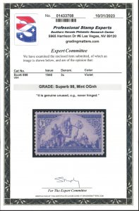 U.S. #898 MINT OG NH WITH PSE CERT GRADED SUPERB 98