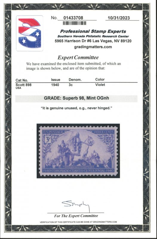 U.S. #898 MINT OG NH WITH PSE CERT GRADED SUPERB 98