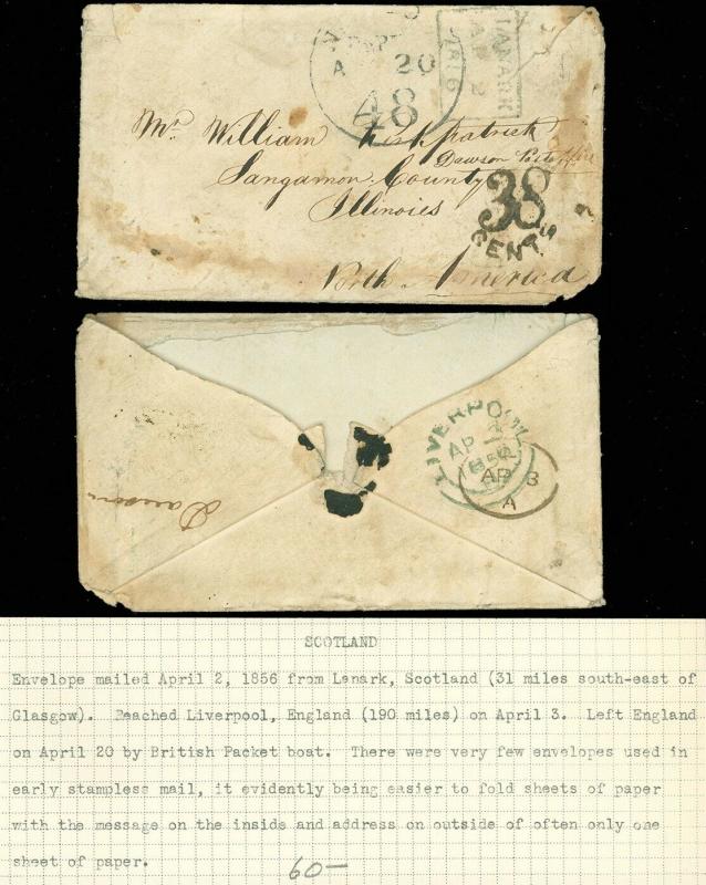 SCOTLAND: Stampless TransX, Boxed LANARK 1856 to USA, Blk 38 CENTS, NY 48!