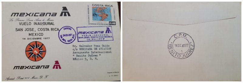 O) 1977 COSTA RICA, MEXICANA INAUGURAL FLIGHT, FIRST MAP OF AMERICAS, HISPANIC C