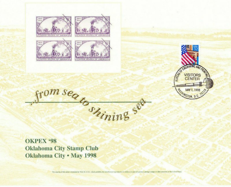 BEP Souvenir Card B225 OKPEX '98 #922 Transcontinental Railroad VC Cancel