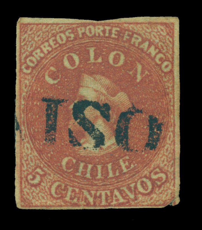 CHILE 1853 COLUMBUS  5c brown red  wmk FA5-2(R) Sc# 1 VALPARAISO linear cancel